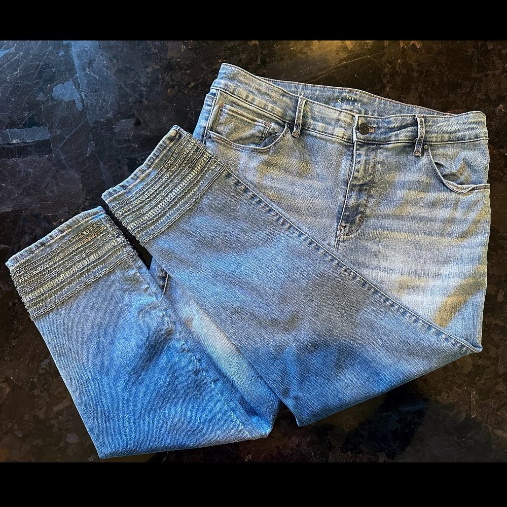 WHBM Silver Beaded Hem/Cuff Slim Crop Mid-Rise Jeans Size 12